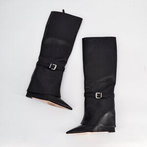 Schutz Jorian Up Knee High Leather Boots Black 7 Pointed Toe Zip Buckle Wedge